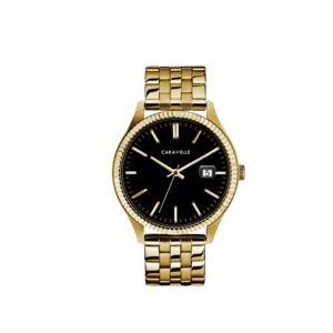 Mens+Gold-Tone+Stainless+Steel+Bracelet+Watch+Black+Dial