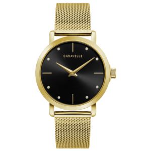Ladies+Gold-Tone+Crystal+Accented+Mesh+Bracelet+Watch+Black+Dial