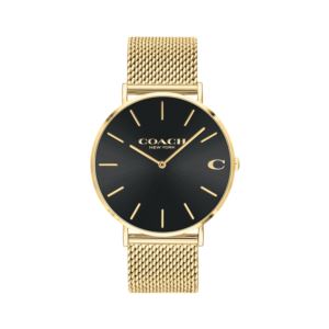 Mens+Charles+Gold-Tone+Stainless+Steel+Mesh+Bracelet+Black+Dial