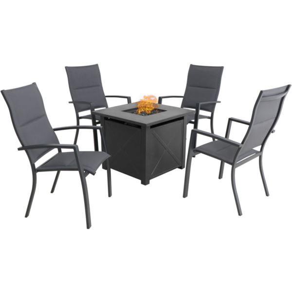 Naples 5-Piece Fire Pit Chat Set featuring 4 Padded Sling Chairs and 40,000 BTU Tile-Top Fire Pit Ta NAPLES5PCHBFP-GRY