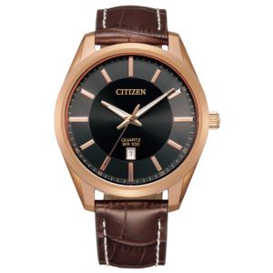 Mens+Rose+Gold+Quartz+Leather+Strap+Watch+Black+Dial