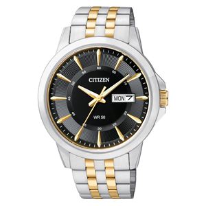 Mens+Quartz+Two-Tone+Stainless+Steel+Watch+Black+Dial