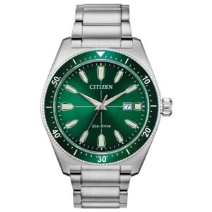 Mens+Brycen+Eco-Drive+Silver-Tone+Watch+Green+Dial