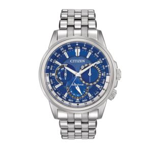 Mens+Calendrier+Eco-Drive+World+Time+Silver-Tone+Watch+Blue+Dial