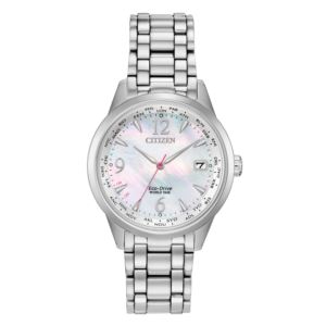Womens+World+Time+Eco-Drive+Silver-Tone+Watch+Mother-of-Pearl