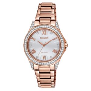 Ladies+POV+Eco-Drive+Crysal+Pink+Gold-Tone+Stainless+Steel+Watch+Silver+Dial