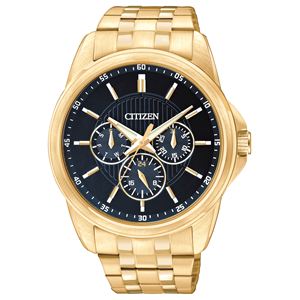 Mens+Gold-Tone+Stainless+Steel+Chronograph+Watch+Black+Dial