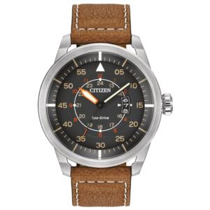 Mens+Avion+Eco-Drive+Brown+Leather+Strap+Watch+Dark+Gray+Dial