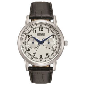 Mens+Dress+Eco-Drive+Black+Leather+Strap+Watch+White+Dial