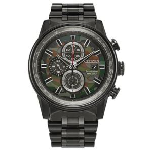 Mens+Nighthawk+Eco-Drive+Black+Ion-Plated+Chronograph+Watch+Camouflage+Dial
