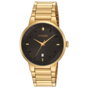 Mens+Quartz+Gold-Tone+Watch+Black+Dial