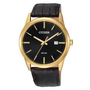 Mens+Quartz+Gold-Tone+%26+Brown+Leather+Strap+Black+Dial