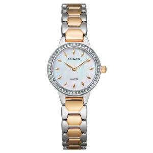 Ladies+Quartz+Two-Tone+Crystal+Watch+Mother-of-Pearl+Dial
