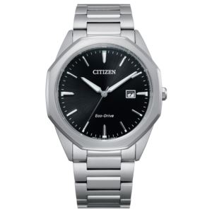 Mens+Corso+Eco-Drive+Silver-Tone+Watch+Black+Octagon+Dial