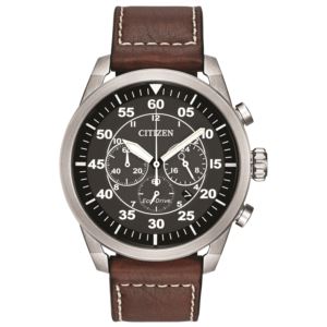 Mens+Avion+Eco-Drive+Brown+Strap+Watch+Black+Dial