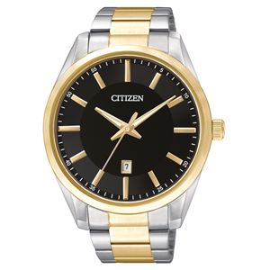 Mens+Quartz+Two-Tone+Bracelet+Watch+Black+Dial