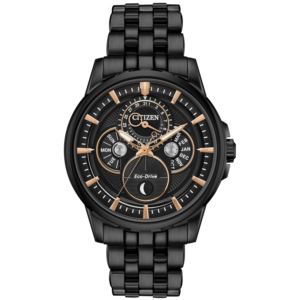 Mens+Calendrier+Moonphase+Eco-Drive+Black+Ion-Plated+Watch+Black+Dial