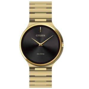 Unisex+Stiletto+Eco-Drive+Gold-Tone+Stainless+Steel+Watch+Black+Dial