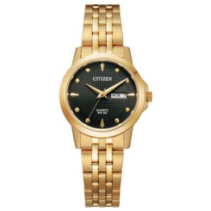 Ladies+Quartz+Gold-Tone+Stainless+Steel+Watch+Black+Dial