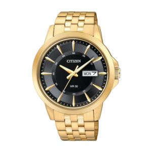 Mens+Quartz+Gold-Tone+Stainless+Steel+Watch+Black+Dial