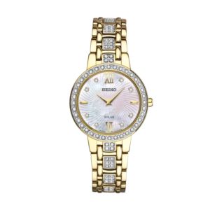 Ladies+Essentials+Crystal+Solar+Gold-Tone+Watch+Mother-of-Pearl+Dial
