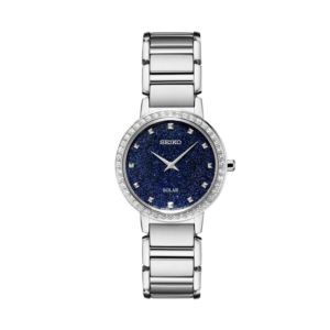 Ladies+Crystal+Solar+Silver-Tone+Stainless+Steel+Watch+Blue+Glitter+Dial