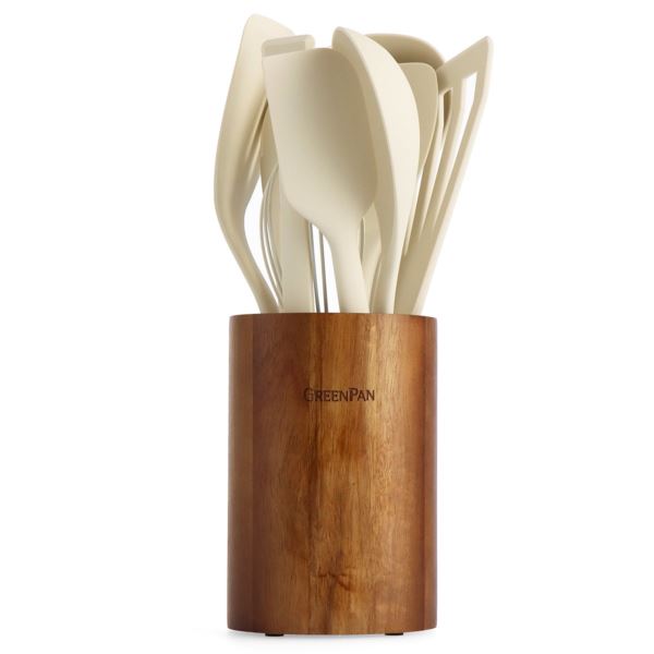 10pc Ultimate Silicone Utensil Set w/ Acacia Crock White Cream