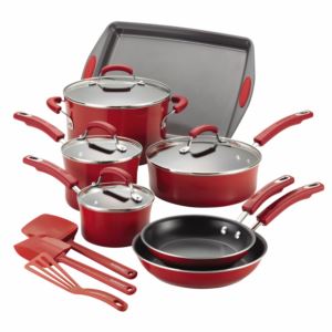 14pc+Hard+Enamel+Nonstick+Cookware+Red+Gradient