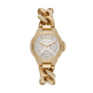 Ladies+Mini+Camille+Pave+Gold+Chonograph+Curb-Link+Watch+Silver+White+Dial