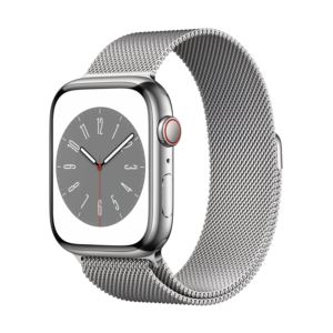 Watch+Series+8+GPS+%2B+Cell+45mm+Silver+SS+Case+w%2F+Silver+Milanese+Loop