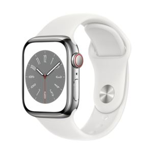 Watch+Series+8+GPS+%2B+Cell+41mm+Silver+SS+Case+w%2F+White+S%2FM+Sport+Band