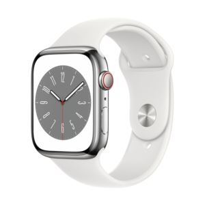 Watch+Series+8+GPS+%2B+Cell+45mm+Silver+SS+Case+w%2F+White+M%2FL+Sport+Band