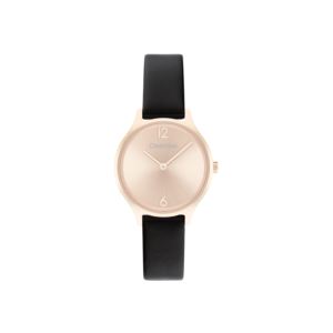 Ladies+Timeless+Black+Leather+Strap+Watch+Carnation+Gold+Dial