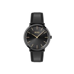 Mens+Skyliner+Black+Leather+Strap+Watch+Black+Dial
