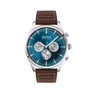 Mens+Pioneer+Chronograph+Silver+%26+Brown+Leather+Strap+Watch+Blue+Dial