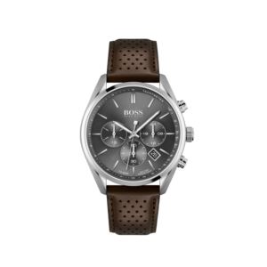 Mens+Champion+Silver+%26+Brown+Leather+Strap+Watch+Gray+Dial