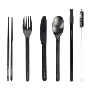 EcoVessel+Wanderware+6-Piece+Reusable+SS+Utensil+Set+w%2FTravel+Pouch+-+Black+Stainless