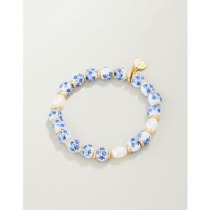 Ceramic+Bead+Stretch+Bracelet+Blue+Flowers