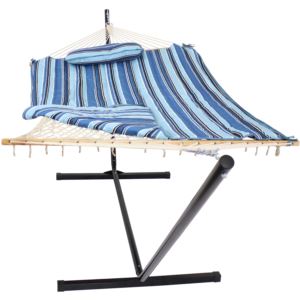 Sunnydaze+Rope+Hammock%2C+12-Foot+Stand%2C+and+Pad+and+Pillow+Set+-+Misty+Beach