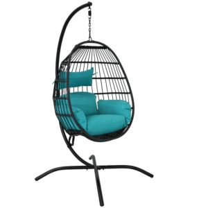 Resin+Wicker+Hanging+Egg+Chair+with+Steel+Stand%2FCushion+-+Teal