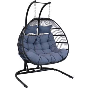 Black+Resin+Wicker+Egg+Chair+Loveseat+with+Stand%2FCushion+-+Gray
