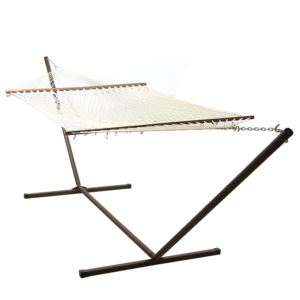 Sunnydaze+Double+Wide+2+Person+Cotton+Hammock+with+Spreader+Bars+%26+15-Foot+Stand