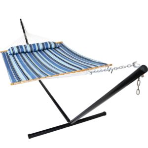 Sunnydaze+Quilted+Fabric+Hammock+Bed+with+15-Foot+Stand+-+Misty+Beach