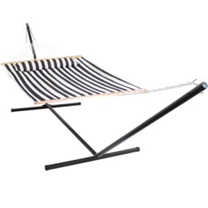 Sunnydaze+Quilted+Fabric+Spreader+Bar+Hammock+%26+Stand+-+Black+Stripe