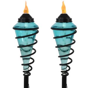 2-in-1+Metal+Swirl+with+Blue+Glass+Outdoor+Lawn+Torch+-+Set+of+2