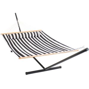 Sunnydaze+2+Person+Quilted+Fabric+Spreader+Bar+Hammock+%26+Stand+-+Black+%26+White