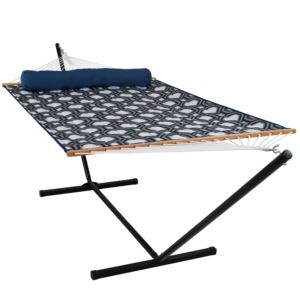 Sunnydaze+Double+Quilted+Hammock+and+12-Foot+Stand+-+Navy+and+Gray+Octagon