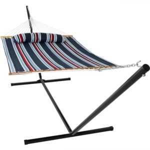 Sunnydaze+Quilted+Fabric+Spreader+Bar+Hammock+%26+Stand+-+Nautical+Stripe