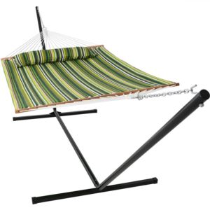 Sunnydaze+Quilted+Fabric+Spreader+Bar+Hammock+%26+Stand+-+Melon+Stripe