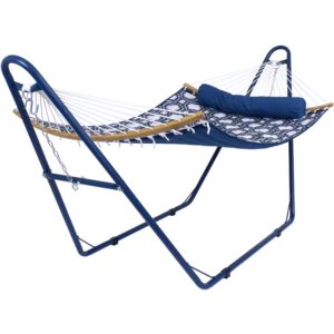 Sunnydaze+Curved+Spreader+Bar+Hammock+with+Blue+Stand+-+Navy+and+Gray+Octagon